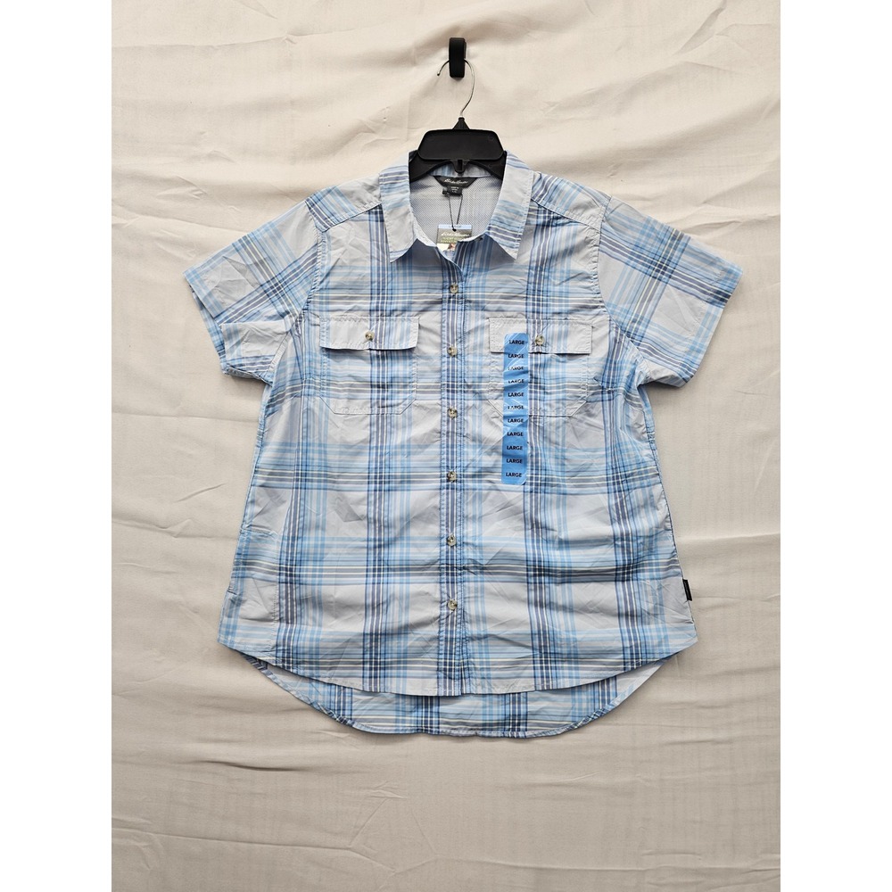 Eddie Bauer Womens Adventure Shirt Blue Plaid Poly Blend Casual Size Large
